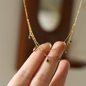 Vintage Luxury Jewelry Necklace Gold Plated Stainless Steel <b>Blue</b> <b>Bead</b> Charms Layer Chain Necklaces - Product Image 5