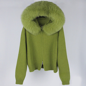 <span class=keywords><strong>Cardigan</strong></span> di lusso in lana di colore <span class=keywords><strong>verde</strong></span> lavorato a maglia con Zip alla moda cappotto con collo di pelliccia di vera volpe giacca calda da <span class=keywords><strong>donna</strong></span> - Product Image 1