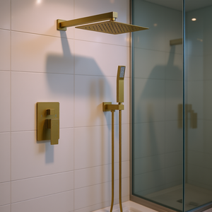 Wall Mounted 12 Inch Rainfall <b>Shower</b> Head With Handheld Faucet <b>Brushed</b> <b>Gold</b> Finish Modern Bathroom <b>Shower</b> System - Product Image 2