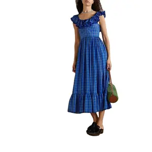 蓝色分层褶边格子腰带拉链有机棉voile女式马克西连衣裙