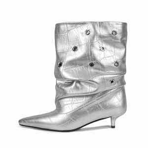 Women‘s Extra Wide Calf Slouch Boots Slip On 3.5CM Low Stiletto Heel Pointed Toe PU Ankle Booties - Product Image 2