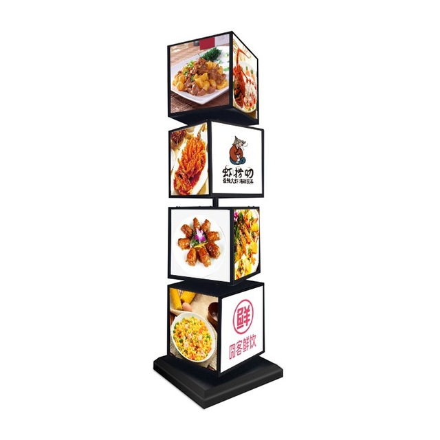 Custom Rotating Led Light Box Vertical Four Side Menu Display Board 3000 Lumens Full Color Waterproof Decorative Rechargeable