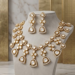 Traditional Kundan 925 <b>Silver</b> Necklace Gold Bridal Jewelry with Earrings Pear Cut Bezel Setting Womens Wedding Jewelry - Product Image 2