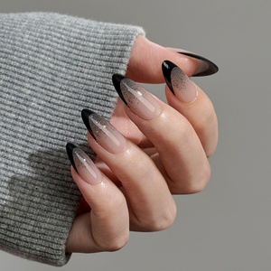 Private Label Pressed on Nail Wholesale Long Almond <b>Glitter</b> Shinny Design False Nails Black French Tip Luxury Gel Press on Nails - Product Image 2