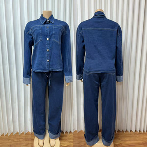 H9050 Trendy Retro Denim Sets for Women Casual Long Sleeve Lapel <strong>Jacket</strong> + <strong>Straight</strong> Pants Jeans Cargo Denim Set Outfits for Women - Product Image 5