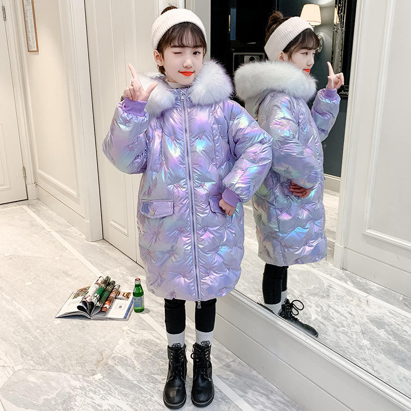 Purple Shining Furry Hooded Girls Jacket Winter Outerwear