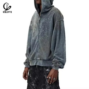Custom Rhinestone Full Zip Washed Oversized Hoodie Streetwear Y2K Heavyweight Fleece Private Label OEM ODM MOQ Festival - Product Image 2