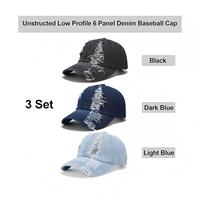 Casquette de baseball unisexe ajustée 6 panneaux en jean déchiré avec logo brodé, style papa, pour sports de plein air et golf