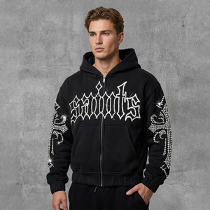 Custom New <b>Gothic</b> Rhinestone Zip-Up <b>Hoodie</b> Men's Fleece Hooded Sweatshirt Regular Fit Sun Faded Rhinestone Acid Wash <b>Hoodie</b> - Product Image 1