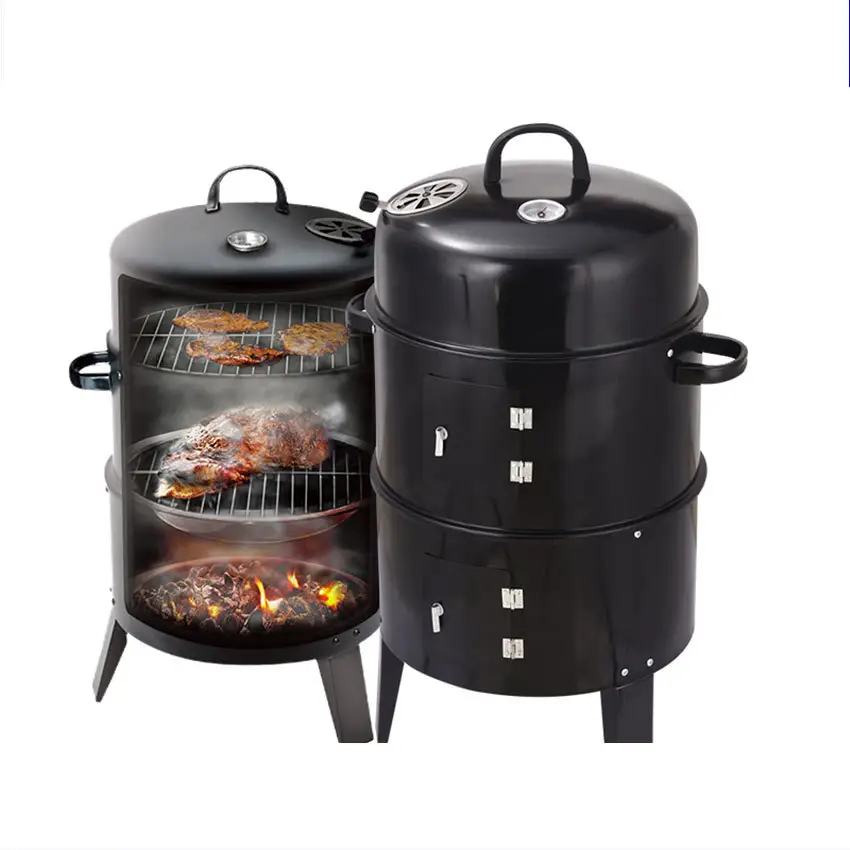 Outdoor courtyard three-in-one black smoker stew grill barbecue round charcoal grill