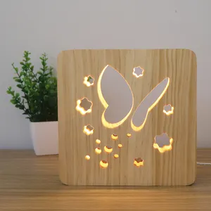 인기있는 스타일 나비 동물 중공 조각 나무 테이블 램프 따뜻한 화이트 USB 나무 프레임 침대 옆 램프