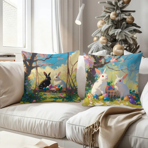 Cuscini decorativi con coniglietto pasquale, uova colorate e scene di foresta primaverile - Product Image 4