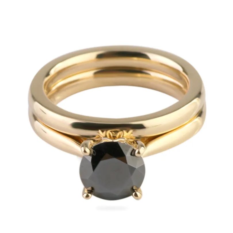 Moissanite Ring Engagement 18K Solid Yellow Gold 7mm Round Shape Black Moissanite Diamond Ring Set