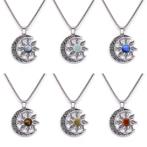 JOYA CADEAU Offre Spéciale Rétro Collier en Acier Inoxydable Croissant de Lune Soleil Pierre Lapis Lazuli Naturelle Pendentif Chaîne Métallique Collier Cadeau <span class=keywords><strong>Sel</strong></span> - Product Image 5