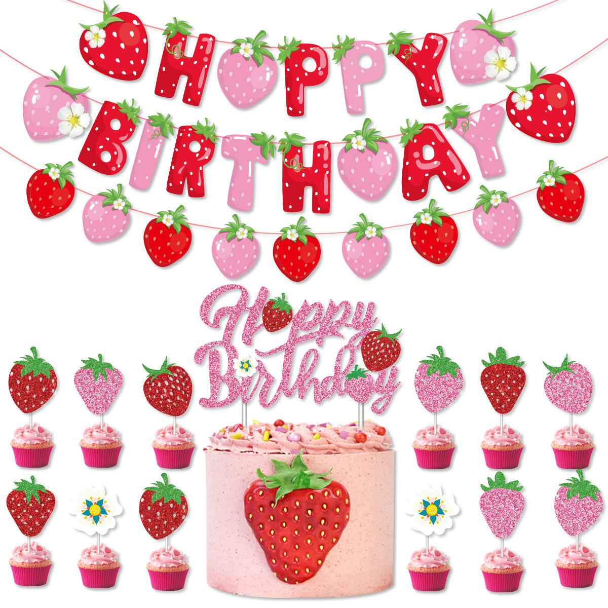 Strawberry 'Two Sweet' Birthday Banner - Red Glitter 2nd Birthday Or Baby Shower Party Decor