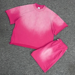 Lavado ácido peso pesado en blanco liso rizado desgastado de gran tamaño hombres Streetwear Puff impresión personalizada camisetas y pantalones cortos conjuntos - Product Image 3