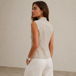 Blusa de lino sin mangas para mujer, elegante, minimalista, con cierre asimétrico, para uso diario en verano y para el trabajo. - Product Image 2