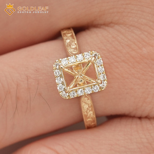 Bague halo en or jaune 14 carats Goldleafgem avec sangle gravée, semi-monture pour diamant de laboratoire de 1 à 5 carats, bijoux de mariage sur mesure - Product Image 2