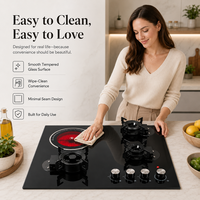 Table de cuisson encastrable 5 feux (3+1+4) avec surface en céramique, gaz et électrique, en verre combiné