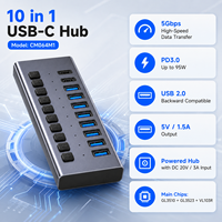Hub USB C 10 en 1 con 10 Puertos, Divisor Múltiple de Aluminio con 10 Interruptores Individuales, Adaptador de Corriente de 20V 3A, 95W PD