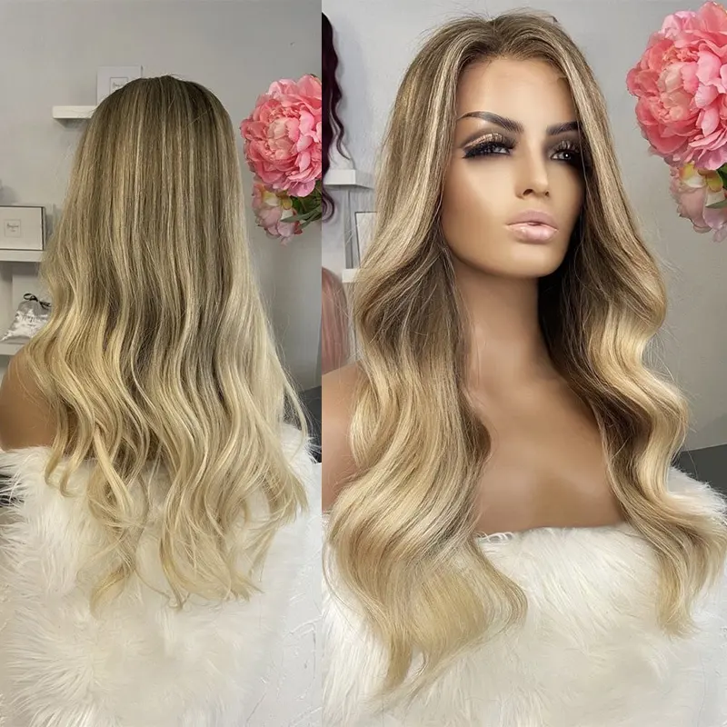 Perruque Full Lace Wig naturelle européenne-cheveux humains vierges, Balayage, 613 blond, avec Baby Hair