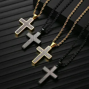 New Design Jewelry Stainless Steel Cross Shaped Carbon Fiber Inlay Pendant Necklace For Men Twisted Cuban Link Chain Necklace