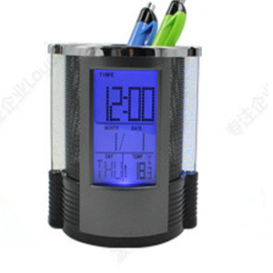 Haonan Office Supplies Store Pen Holder Electronic Clock Round Metal Mesh Calendar Temperature Display Desk Storage Gift - Product Image 1
