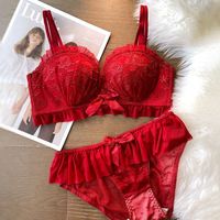 Set Lingerie Renda Bunga Hem dengan Hiasan Pita Besar, Bra Push Up Berkawat, Celana Dalam Pinggang Tinggi, Pakaian Dalam Wanita Seksi untuk Malam Hari