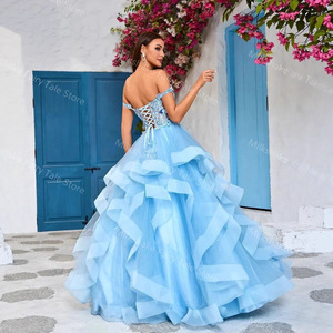 Off The Shoulder Green Tulle Evening Gown Empire Waist Backless Long Dress For Prom Party Birthday - Product Image 3