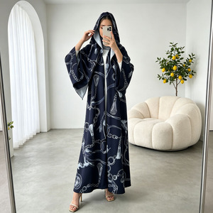 Ensemble Abaya de Luxe à Imprimé Chaîne pour Femme, Robe Musulmane Bleu Marine, Kimono Ouvert avec Hijab, Style Dubaï - Product Image 5