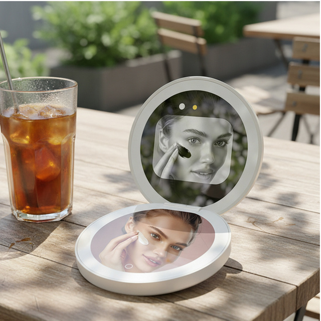 Dimmable LED Makeup Mirror With Light Portable Handheld Cosmetic Mirror Touch Screen Smart UV Camera For Women