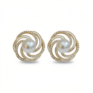 E4798 Orecchini a perno con perle dorate, design floreale, placcati oro 18K, gioielli da sposa da donna - Product Image 1