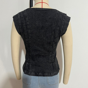 <span class=keywords><strong>Gilet</strong></span> en jean 100 % coton pour femme, tendance 2026, à manches courtes, col en V, boutonné, coupe courte, pour l'été - Product Image 5