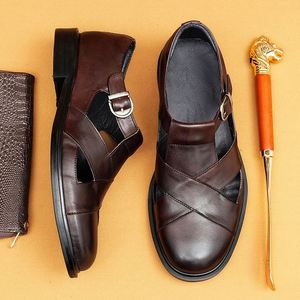 Sandales romaines pour hommes en cuir véritable respirant à bout pointu, chaussures décontractées d'extérieur pour l'automne et l'été, style plage, à lacets - Product Image 3