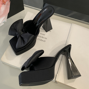 2025 New Ladies Sexy Silk High Heels for Slippers Bow-Shaped Thick Heels Height Increasing Feature Women's Summer <b>Shoes</b> - Product Image 3