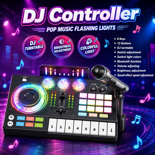 Kids DJ Controller Toy with Microphone Bluetooth Colorful Flashing Lights 8 Keys Music Mixing Console Educational Musical Toy