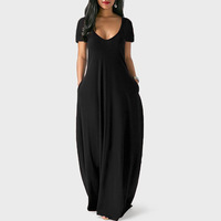 Robe d'été simple à manches courtes, col en V, poches enveloppantes, élégante robe décontractée pour femmes, robes longues de grande taille