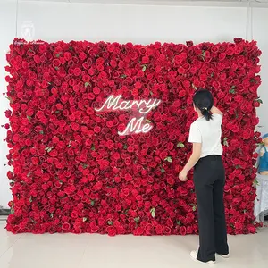 Wedding Decoration Supplies Wholesale Premium Real Touch Red Rose Artificial Flower Wall Panel 5d 3d Flower Wall Decoration