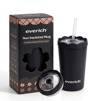 Cangkir Kopi Vakum Stainless Steel Dinding Ganda 14oz Berkualitas Tinggi, Bebas BPA, dengan Sedotan dan Tutup Kelopak Bunga