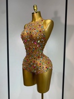 Combinaison pour femme, dos nu, en maille transparente, avec strass scintillants, sexy, pour spectacle sur scène, danse, boîte de nuit, costume de célébrité