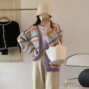 <b>Rainbow</b> Striped Knit Cardigan Women Loose Fit Color Block <b>Sweater</b> Coat Autumn Korean Style One Size Purple And Pink - Product Image 3