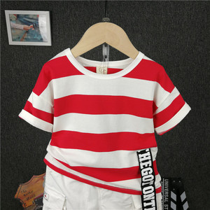 เสื้อผ้าเด็ก ชุดกีฬา เสื้อยืดลายทางสีขาวแดง และกางเกง - Product Image 3