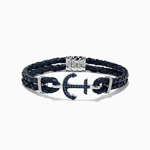 Statement 925 Sterling Silver Paved Cubic Zirconia Woven Anchor Leather Bracelet Men