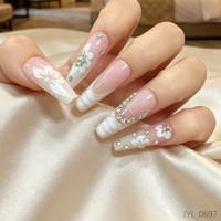 Lot de faux ongles personnalisés en gros, motif floral rose avec strass, réutilisables, logo personnalisé, longs, forme cercueil, à presser