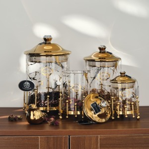 Sang Trọng Bằng Đá Cẩm Thạch Trang Trí Nội Thất Lưu Trữ Lọ Thực Phẩm Nhà Bếp Hiện Đại Vàng Glass Canister Jar Set - Product Image 1