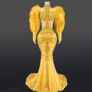 NOVANCE-maxivestido amarillo brillante con diamantes de imitación para mujer, vestido elegante de fiesta de noche, cola de pez Bareback, Y2410, novedad de 2022