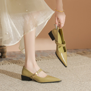 Chaussures Mary Jane à bout pointu, bride en T, talon bloc de hauteur moyenne, doublure en cuir, couleur unie, confortables, escarpins pour femmes - Product Image 4