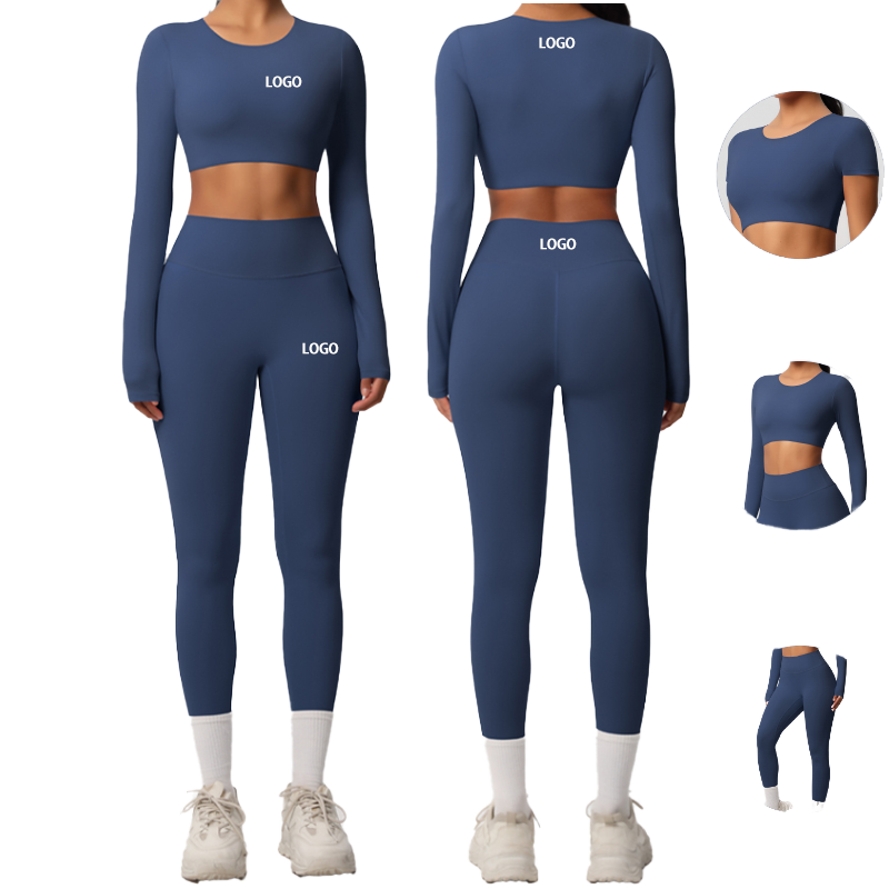 Women's Seamless Yoga Set Quick-Drying Long Sleeve Top & Breathable Solid Pattern Leggings With Logo On Waist Gym Outfit