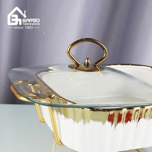Plato de cerámica seguro para <span class=keywords><strong>horno</strong></span> con tapa de vidrio <span class=keywords><strong>y</strong></span> soporte dorado cocina casera vajilla de cerámica de lujo juego de porcelana blanca fina para hornear - Product Image 5