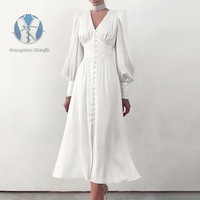 Robe longue en satin couleur unie de style français avec manches lanternes, idéale pour les vacances, les rendez-vous et les fêtes – Vente en gros usine, personnalisable